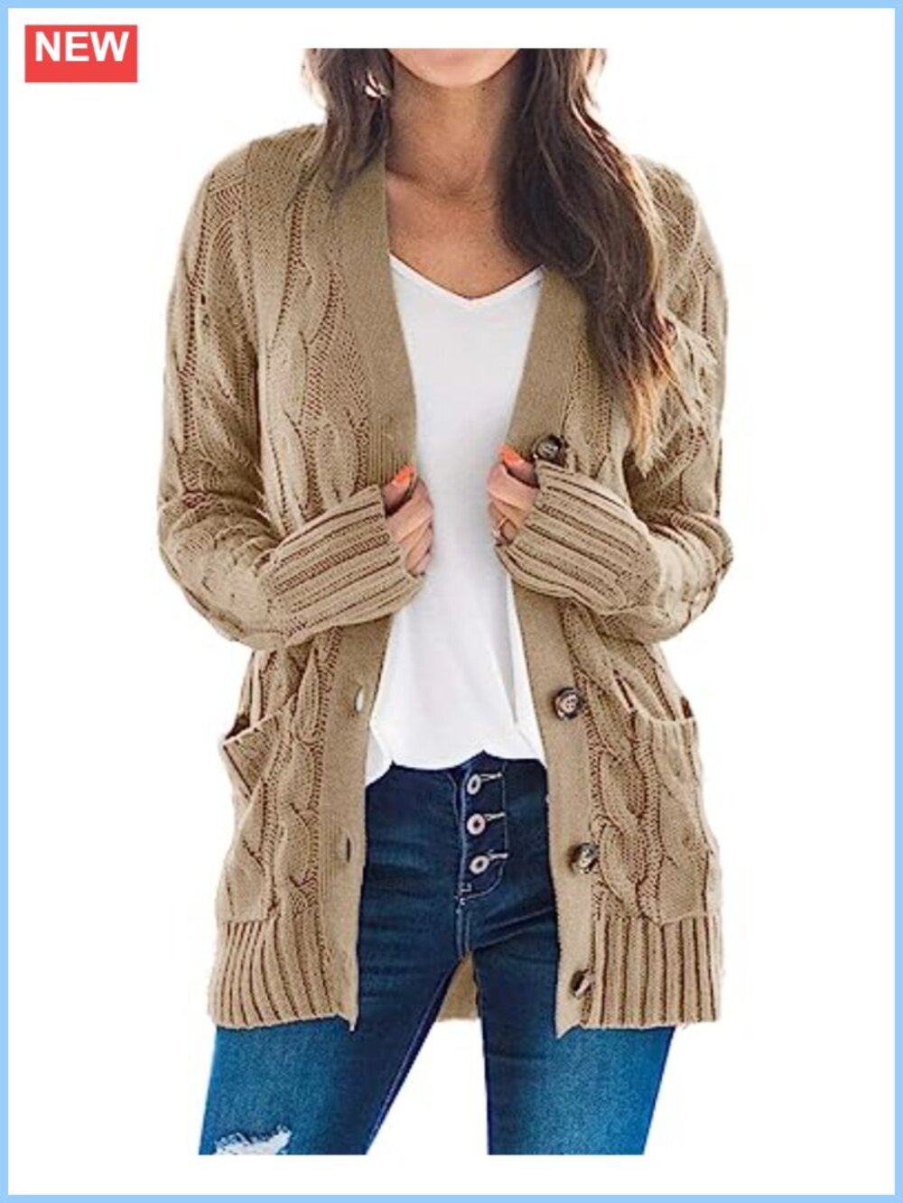 Cable Knit Cardigan Long Sleeve Button Down Open Front Knitwear Sweater